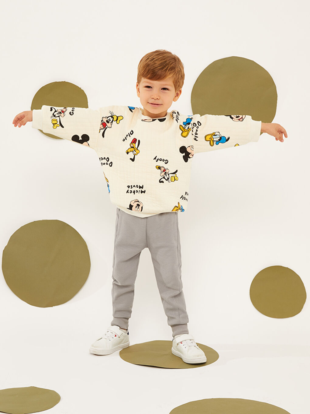 Bej Bisiklet Yaka Uzun Kollu Disney Baskılı Erkek Bebek Sweatshirt