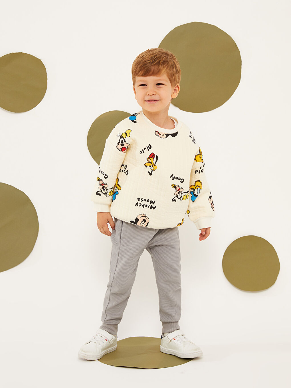 Bej Bisiklet Yaka Uzun Kollu Disney Baskılı Erkek Bebek Sweatshirt-1