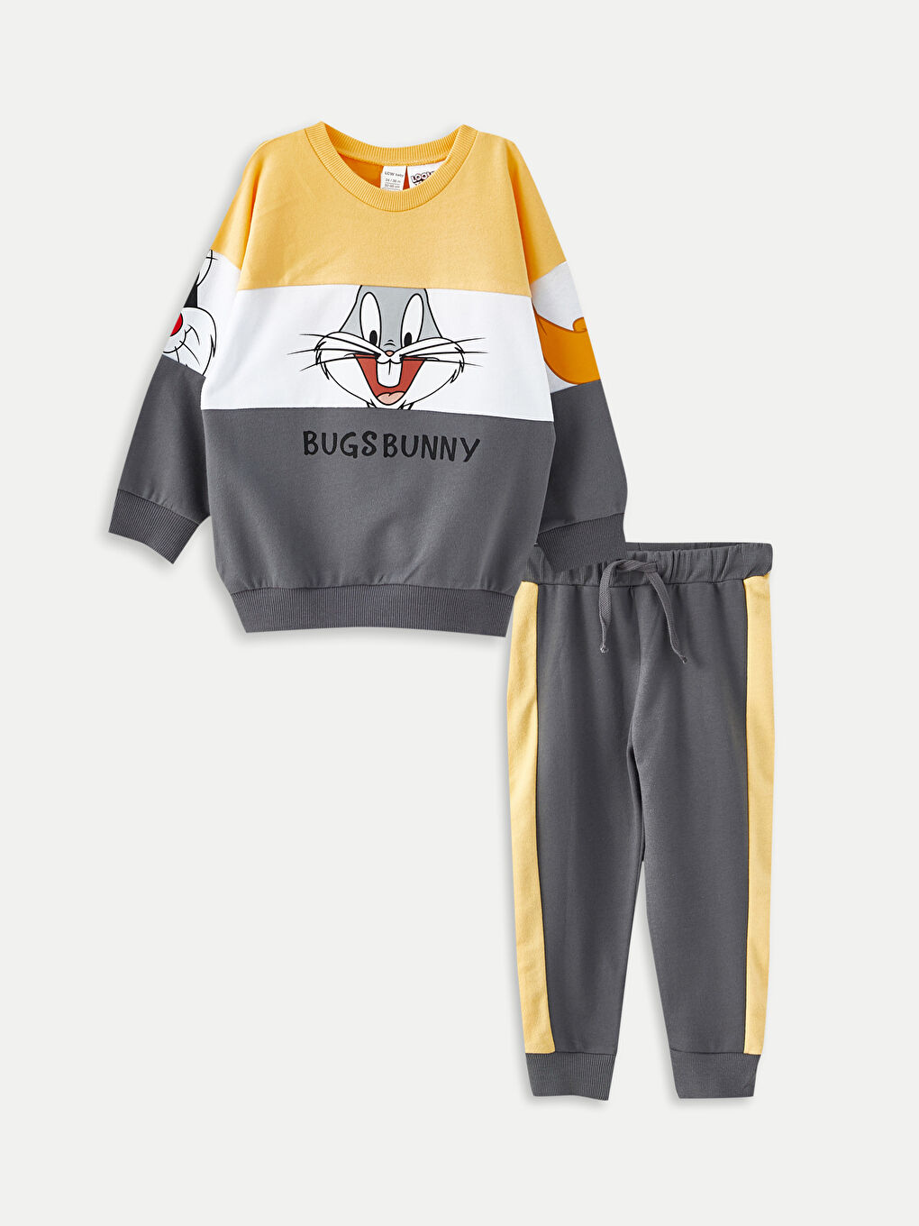 LCW baby Koyu Gri Bisiklet Yaka Uzun Kollu Looney Tunes Baskılı Erkek Bebek Sweatshirt ve Pantolon 2'li Takım