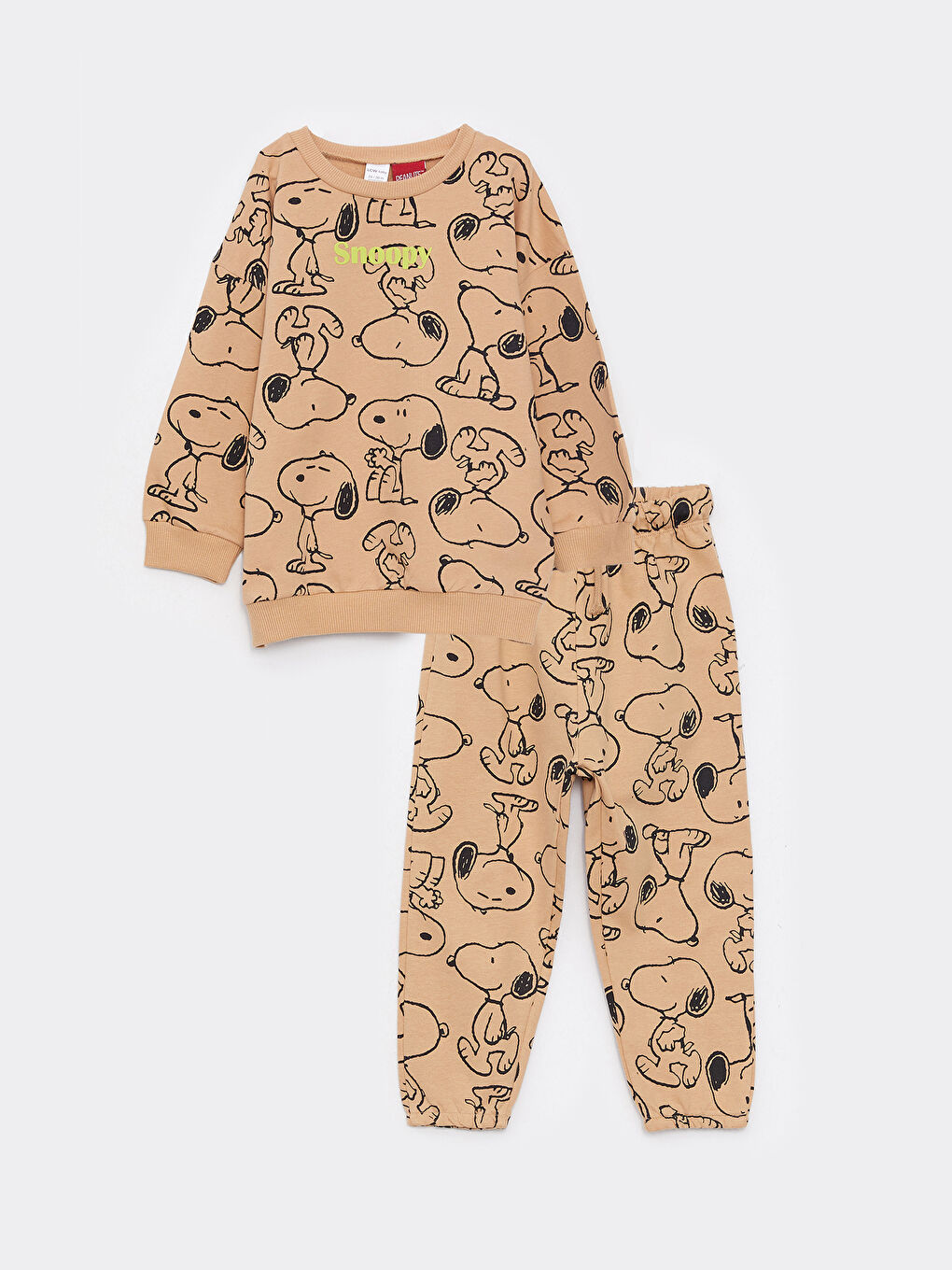 Kahverengi Bisiklet Yaka Uzun Kollu Snoopy Baskılı Erkek Bebek Sweatshirt ve Eşofman Alt 2'li Takım