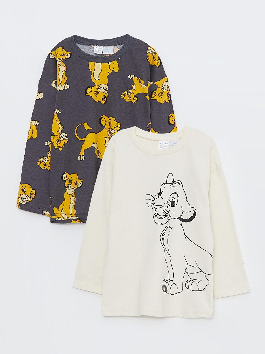 Gri Bisiklet Yaka Uzun Kollu Aslan Kral Baskılı Pamuklu Erkek Bebek Tişört 2'li