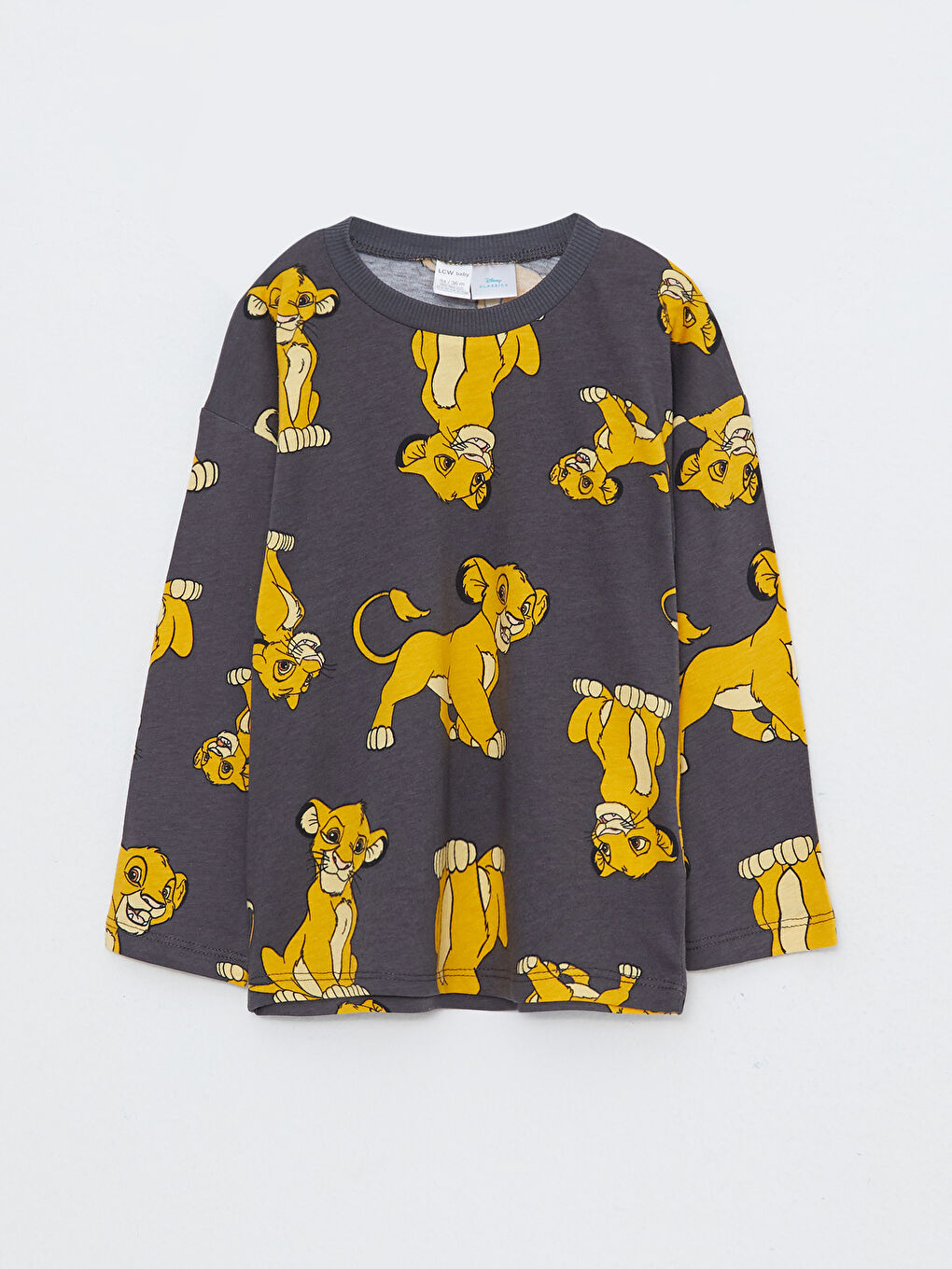 Gri Bisiklet Yaka Uzun Kollu Aslan Kral Baskılı Pamuklu Erkek Bebek Tişört 2'li-2