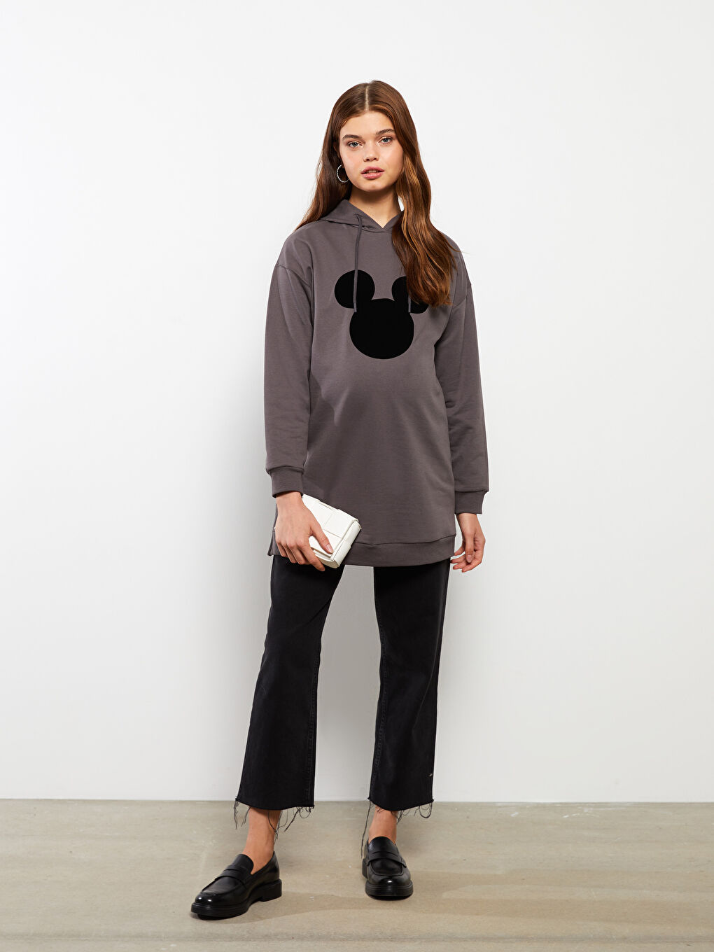LCWAIKIKI Maternity Hooded Mickey Mouse Printed Long Sleeve Maternity Sweatshirt Tunic -W2AH60Z8-HMC