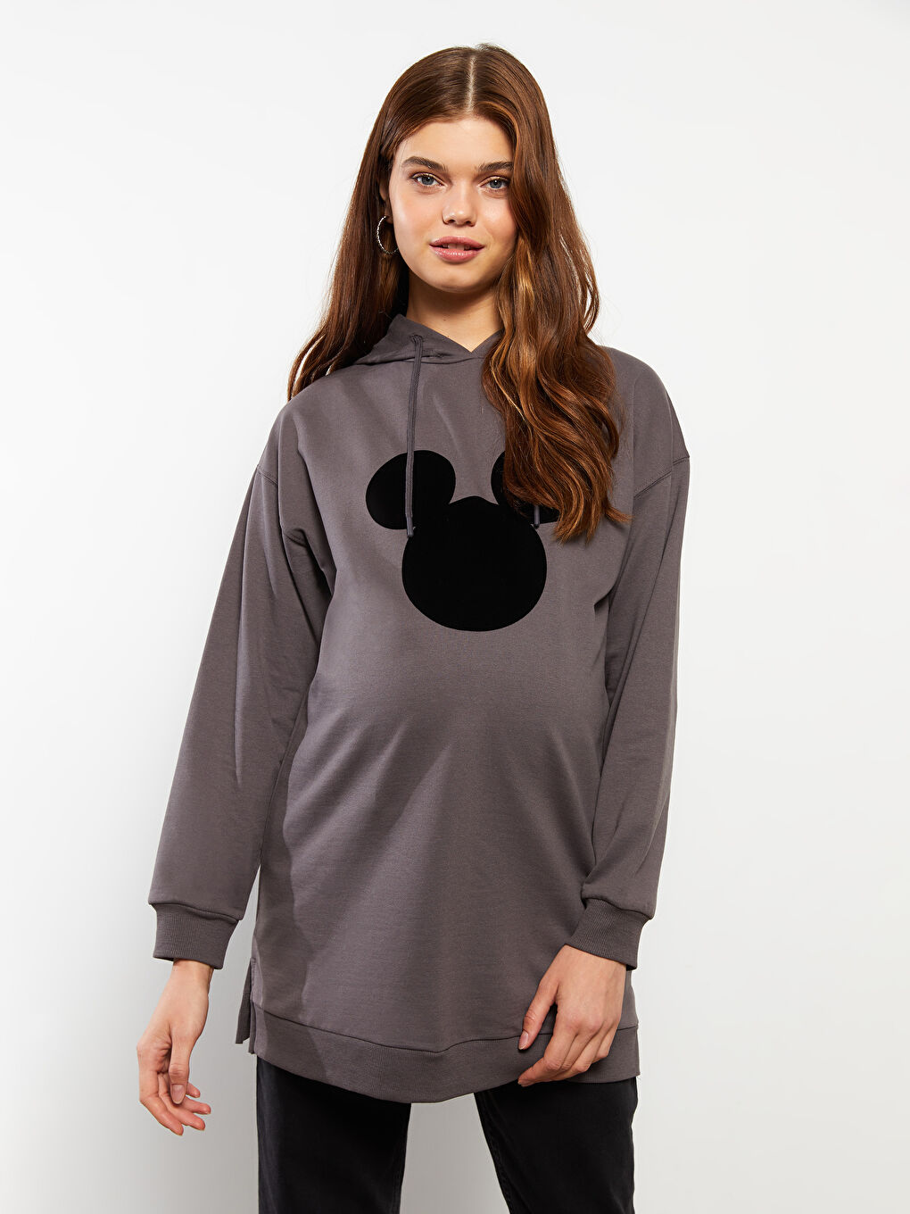 LCWAIKIKI Maternity Hooded Mickey Mouse Printed Long Sleeve Maternity Sweatshirt Tunic -W2AH60Z8-HMC