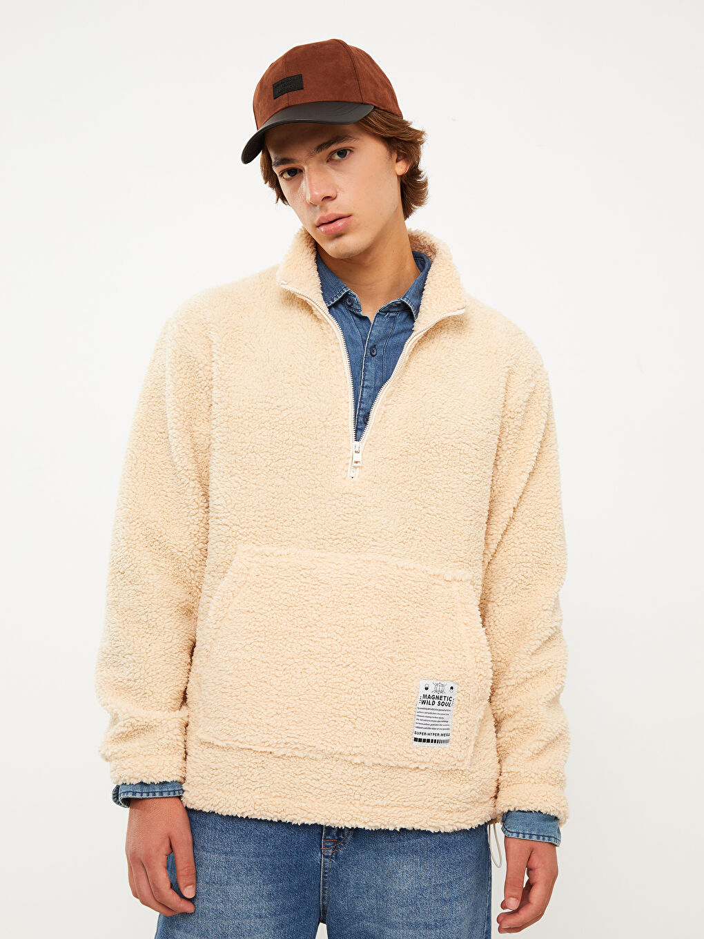 Sweat-shirt en Peluche à Manches Longues avec Col Cheminée pour Hommes