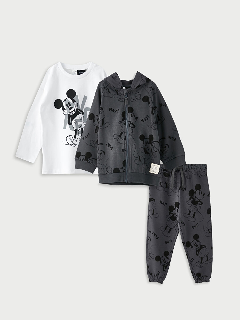 Gri Mickey Mouse Baskılı Uzun Kollu Erkek Bebek 3'lü Takım