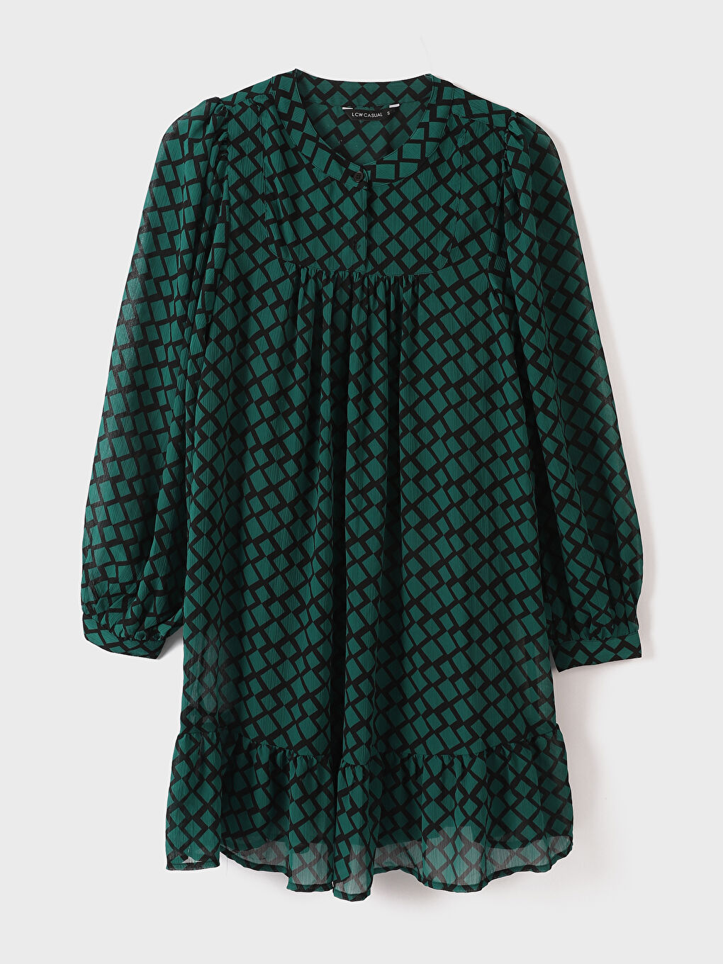 Großvaterkragen Gemustertes Langarm Chiffon Kleid für Damen