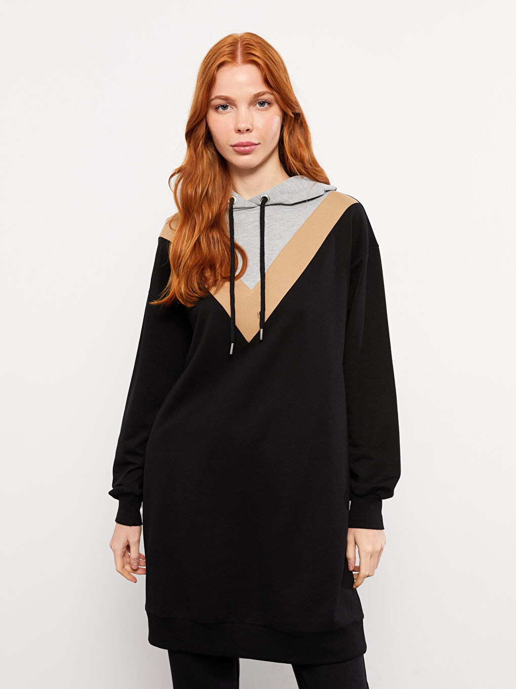 Hooded Collar Color Block Long Sleeve Women's Sweatshirt Tunic