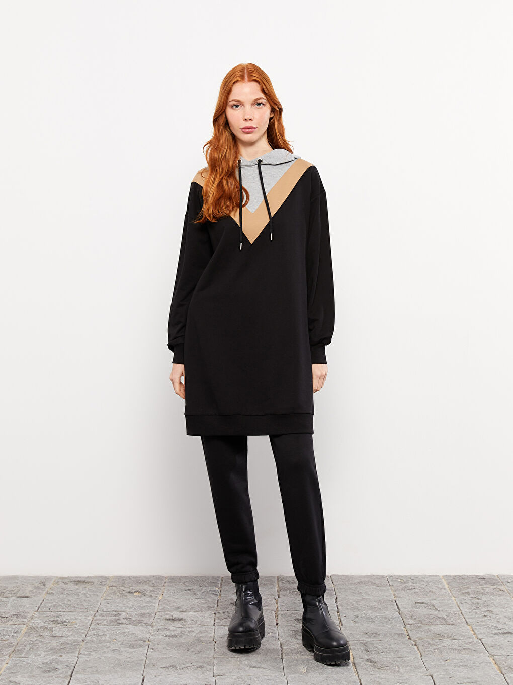 Hooded Collar Color Block Long Sleeve Women's Sweatshirt Tunic-1