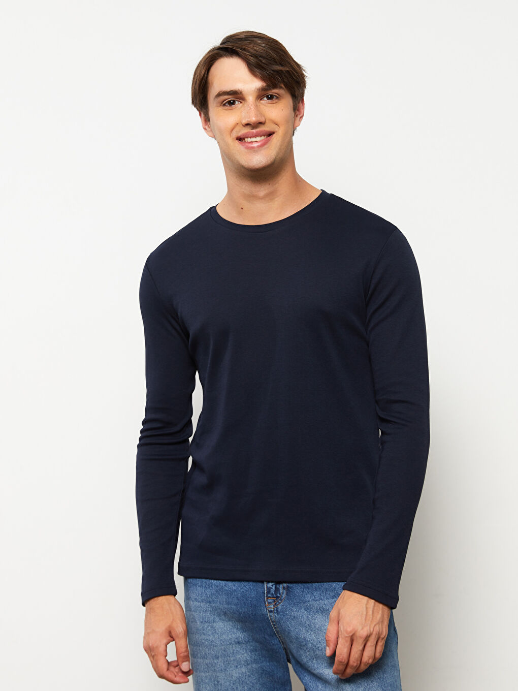 Lacivert Bisiklet Yaka Uzun Kollu Erkek Tişört-1