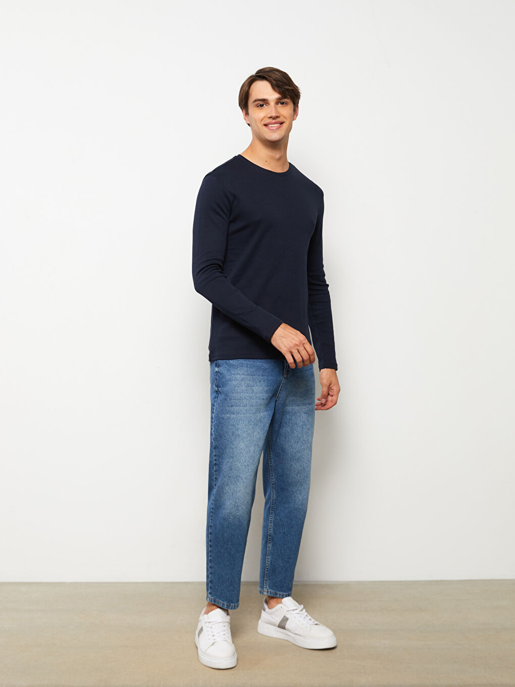 Lacivert Bisiklet Yaka Uzun Kollu Erkek Tişört-2