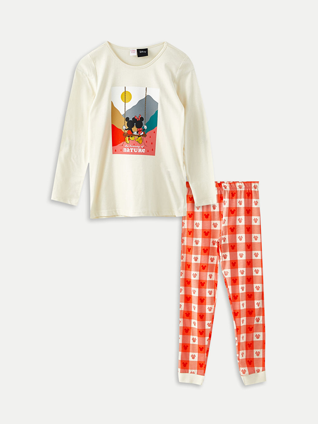 Set de pijama pentru fete cu guler rotund, Minnie și Mickey Mouse imprimat, mânecă lungă