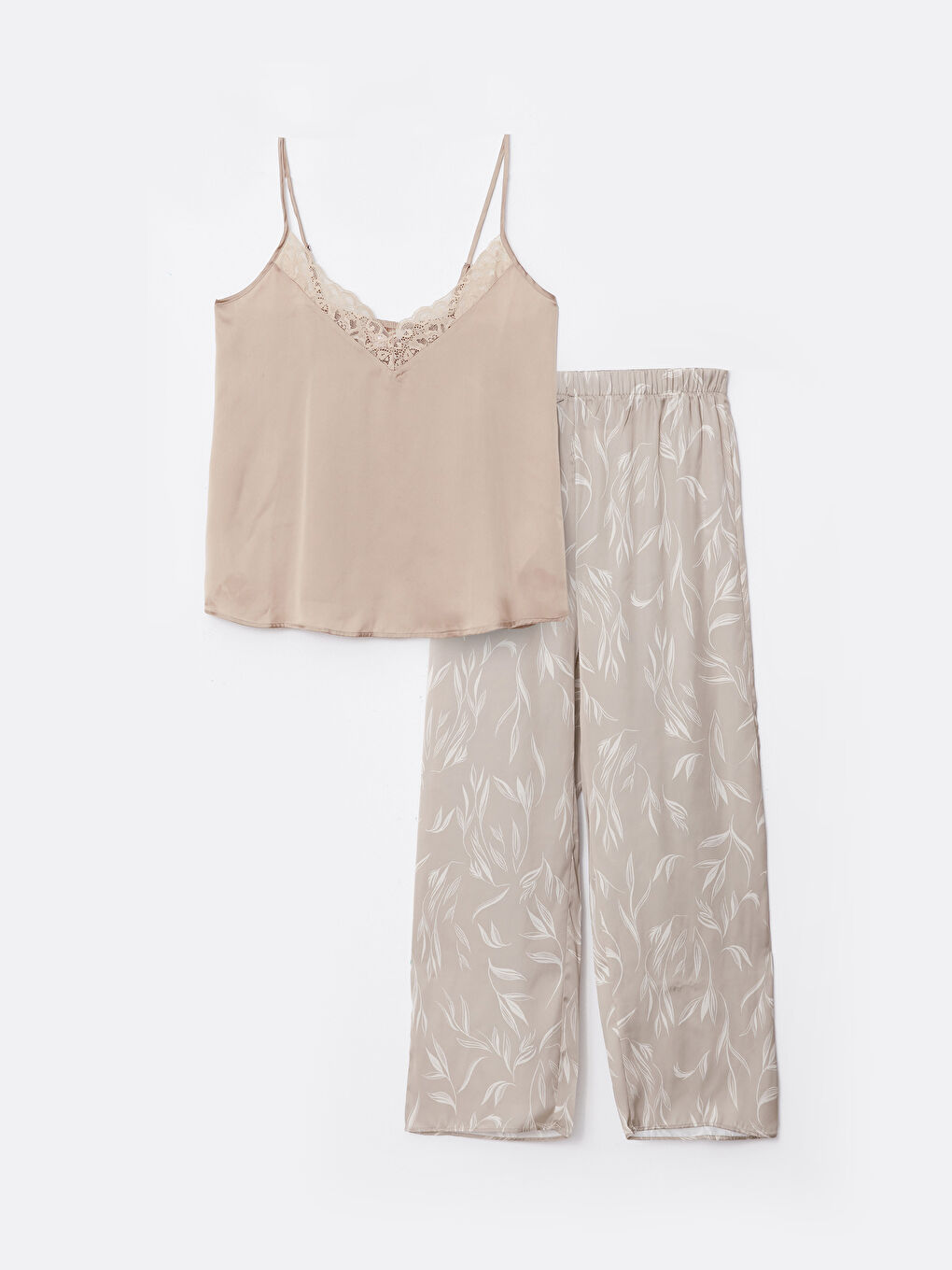 Bej V Yaka Nakışlı Askılı Saten Kadın Pijama Takımı-4