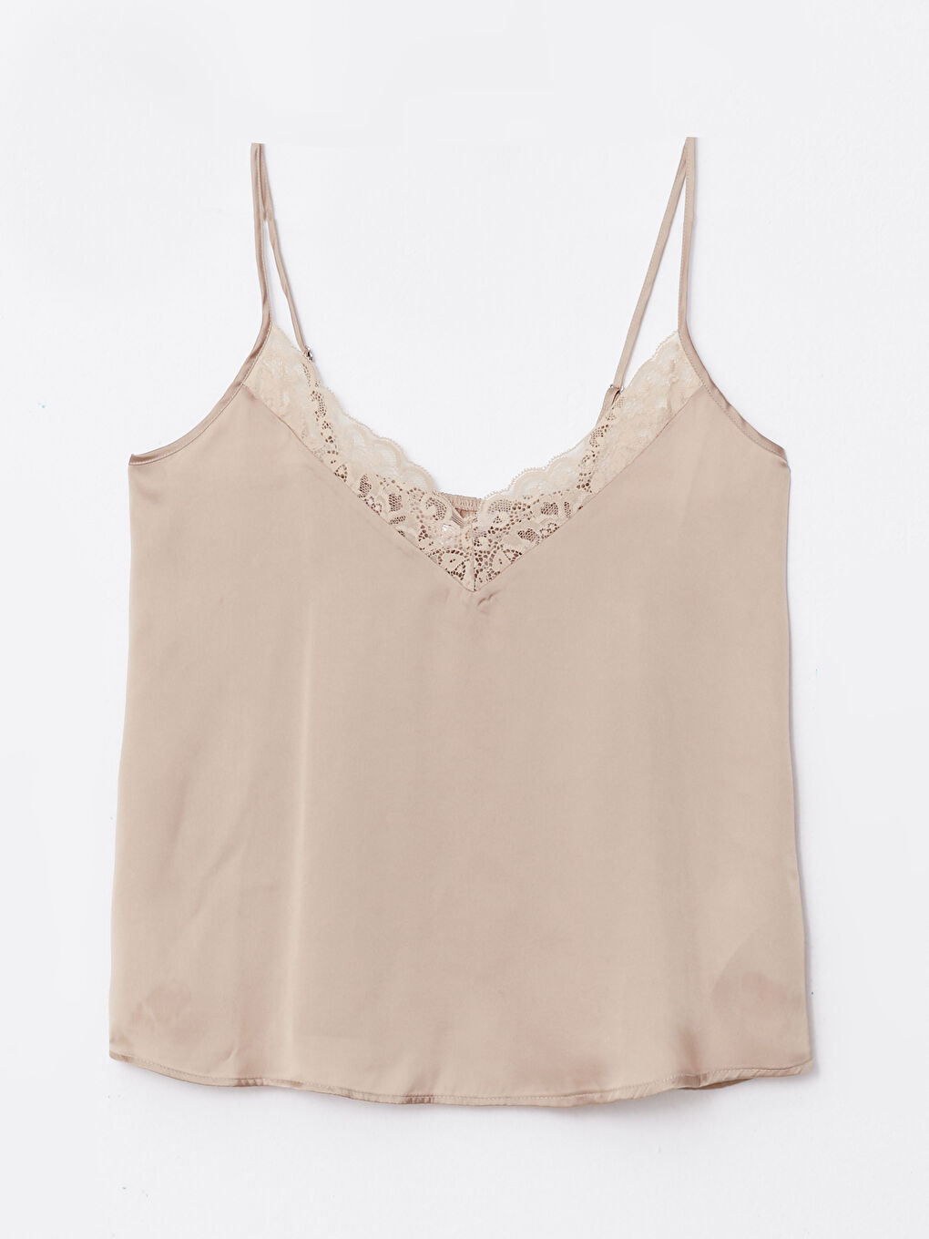 Bej V Yaka Nakışlı Askılı Saten Kadın Pijama Takımı-5