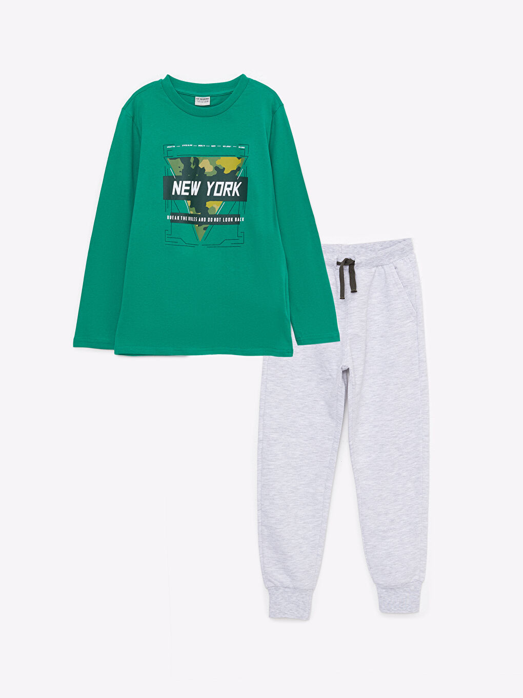 Yeşil Bisiklet Yaka Baskılı Uzun Kollu Erkek Çocuk Tişört ve Pantolon