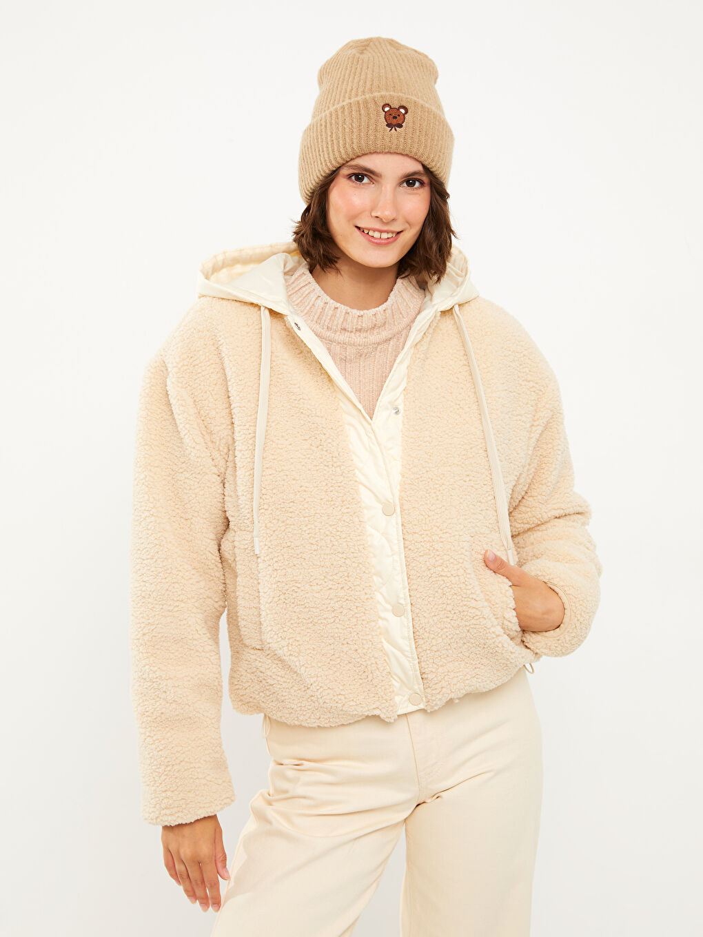 Ekru Kadın Kapüşonlu Düz Mont-1