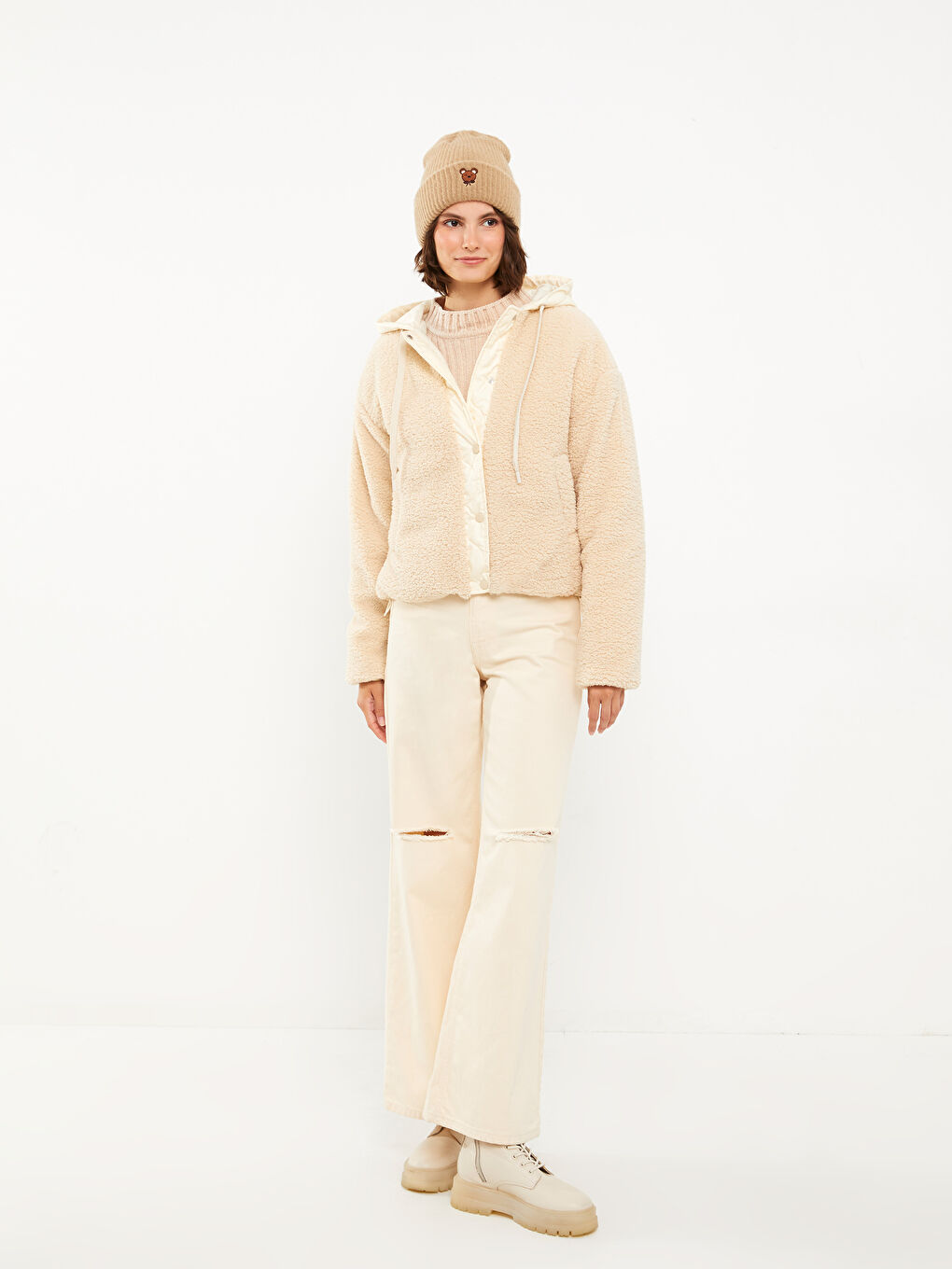 Ekru Kadın Kapüşonlu Düz Mont-2