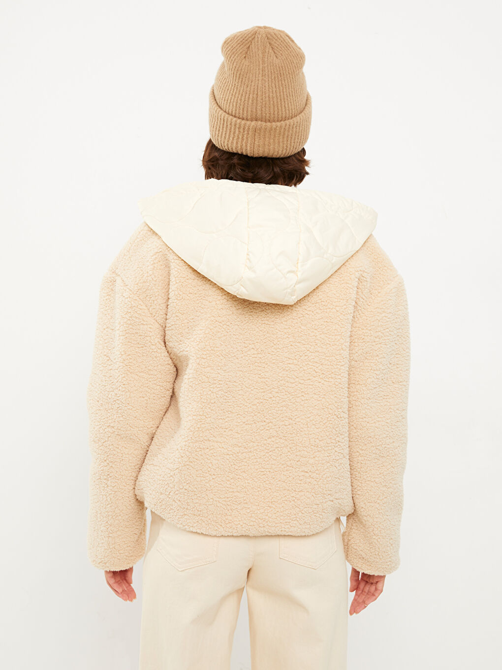 Ekru Kadın Kapüşonlu Düz Mont-4
