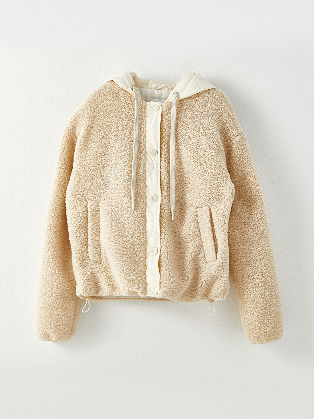 Ekru Kadın Kapüşonlu Düz Mont-5
