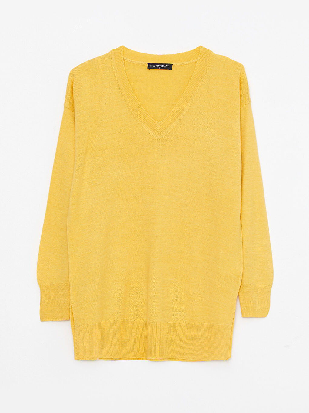 Sarı V Yaka Düz Uzun Kollu Hamile Triko Kazak-5