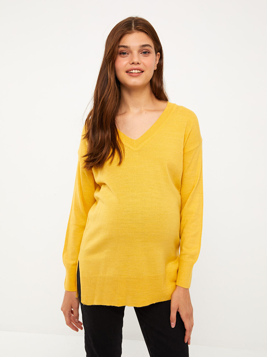 Sarı V Yaka Düz Uzun Kollu Hamile Triko Kazak