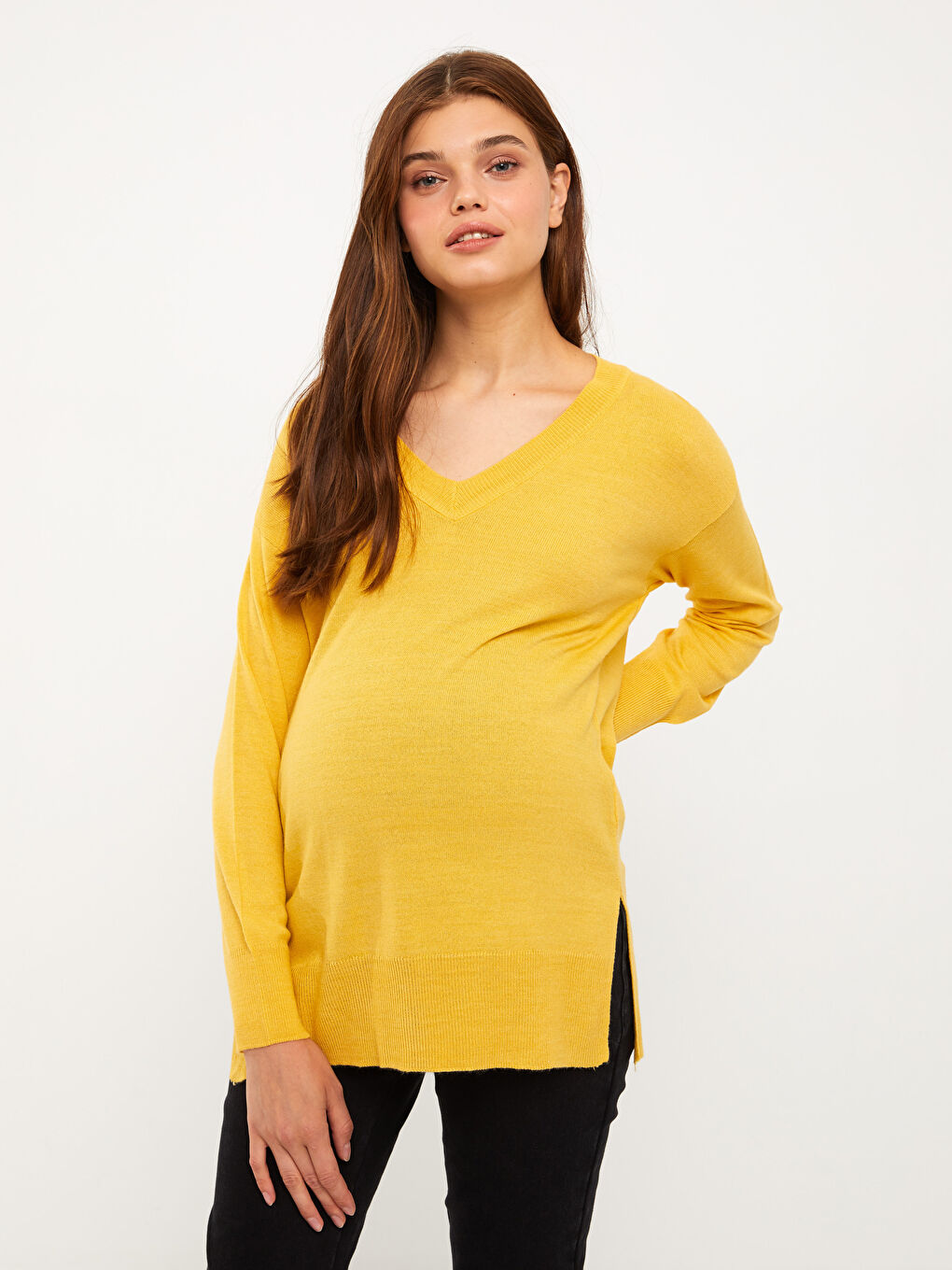 Sarı V Yaka Düz Uzun Kollu Hamile Triko Kazak-1