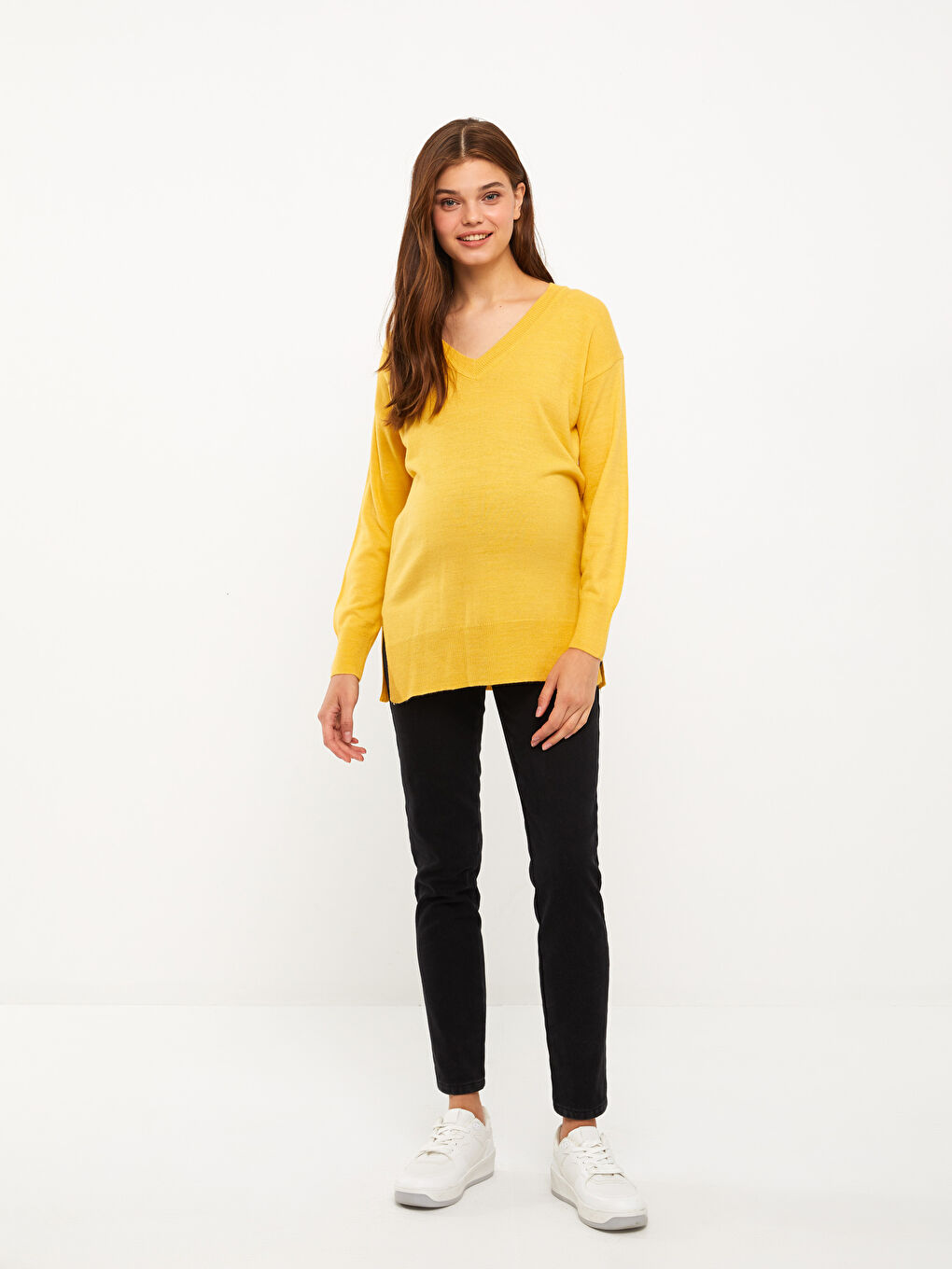 Sarı V Yaka Düz Uzun Kollu Hamile Triko Kazak-2