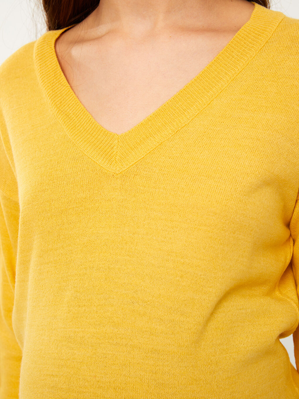 Sarı V Yaka Düz Uzun Kollu Hamile Triko Kazak-3