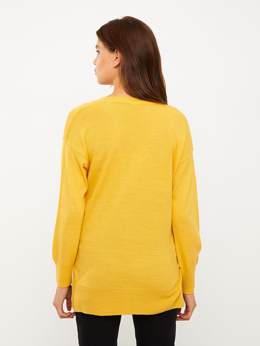 Sarı V Yaka Düz Uzun Kollu Hamile Triko Kazak-4
