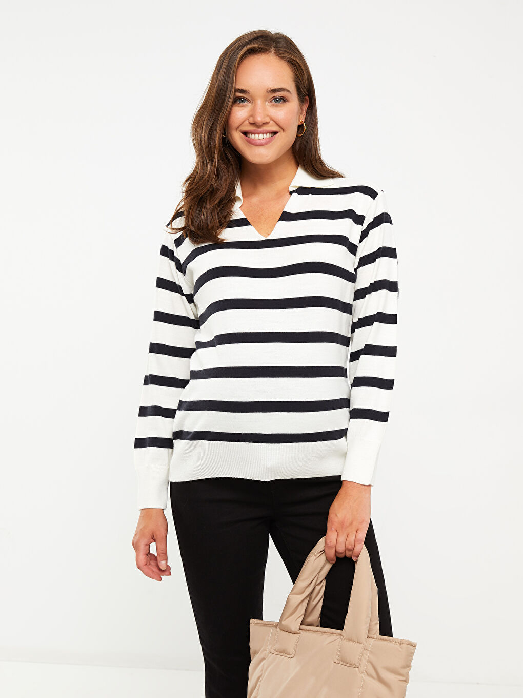 Siyah Polo Yaka Çizgili Uzun Kollu Hamile Triko Kazak-1