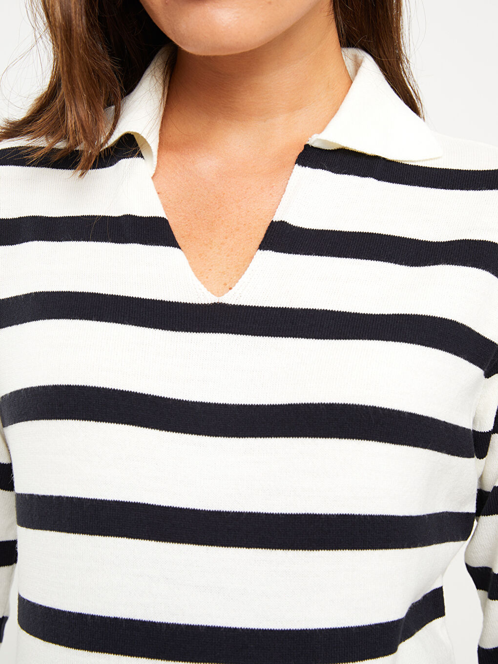 Siyah Polo Yaka Çizgili Uzun Kollu Hamile Triko Kazak-3