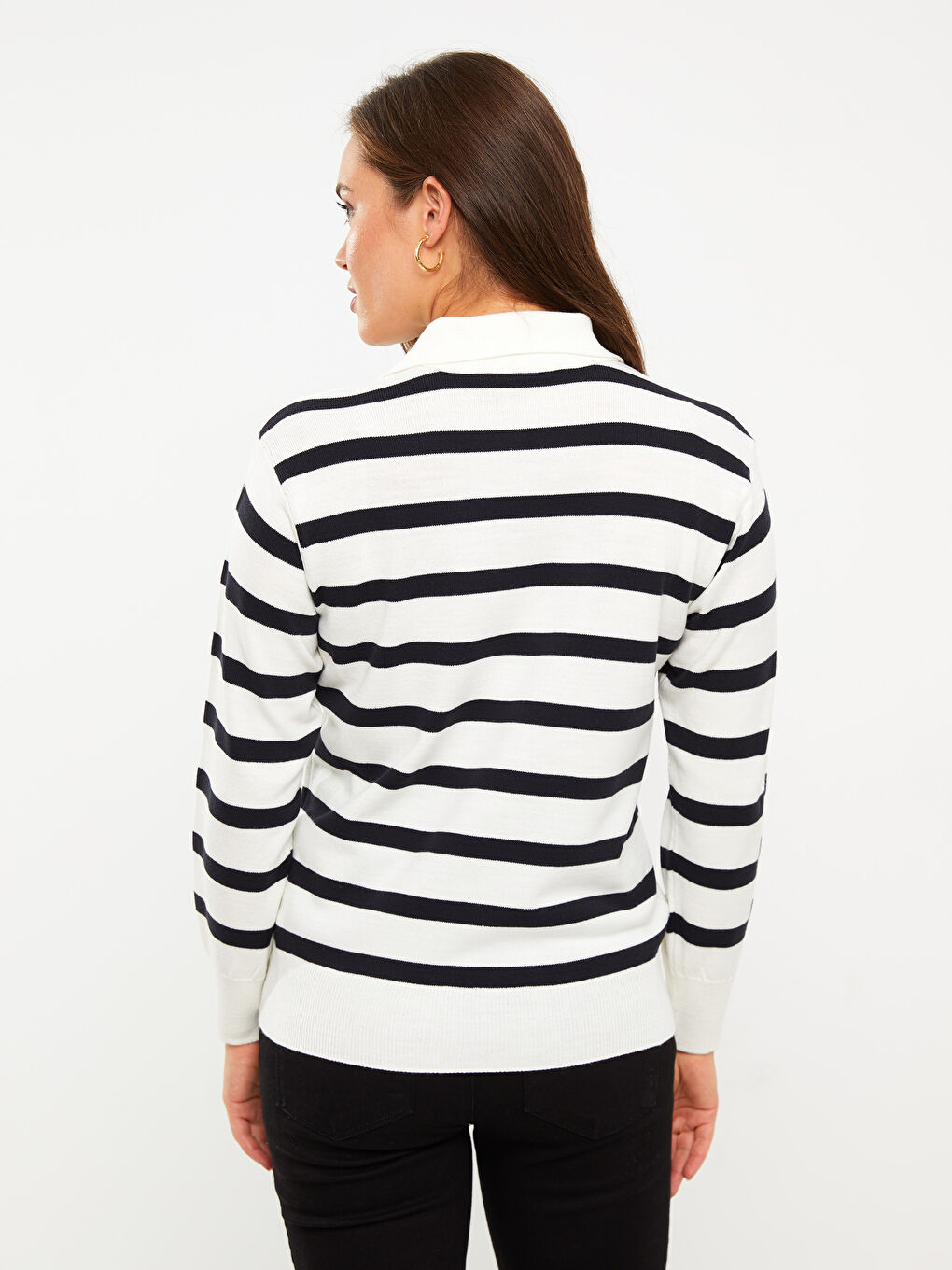 Siyah Polo Yaka Çizgili Uzun Kollu Hamile Triko Kazak-4