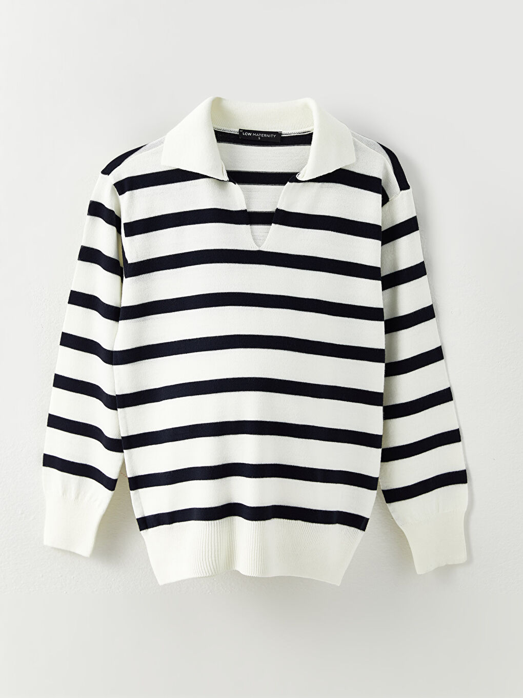 Siyah Polo Yaka Çizgili Uzun Kollu Hamile Triko Kazak-5