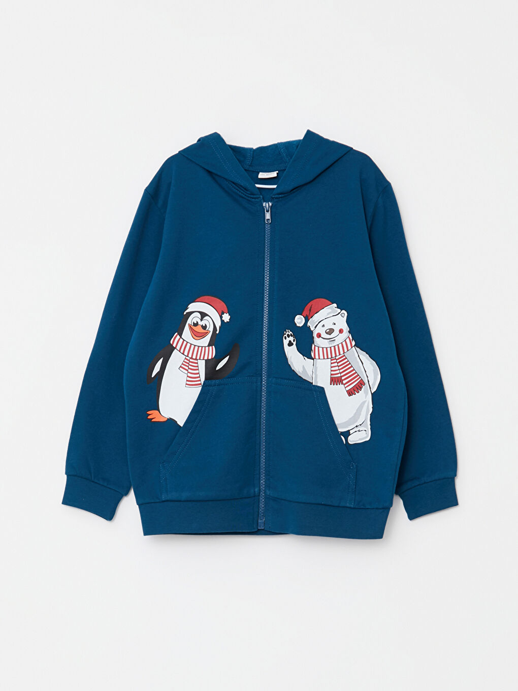 LCW Kids Petrol Kapüşonlu Yılbaşı Temalı Uzun Kollu Erkek Çocuk Fermuarlı Sweatshirt