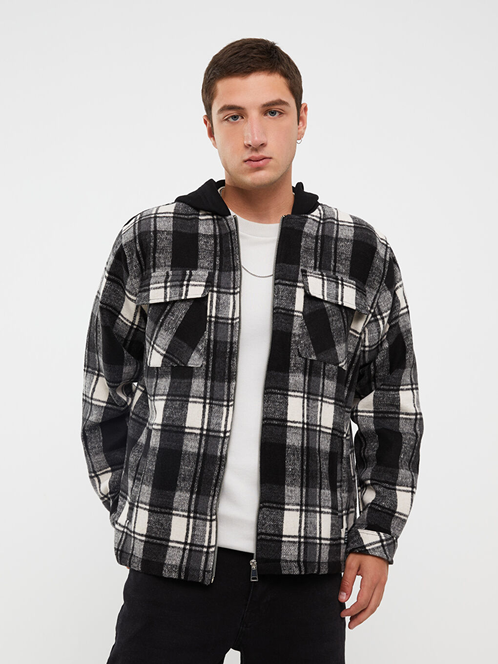 Siyah Rahat Kalıp Uzun Kollu Ekose Erkek Oduncu Gömlek Ceket-1