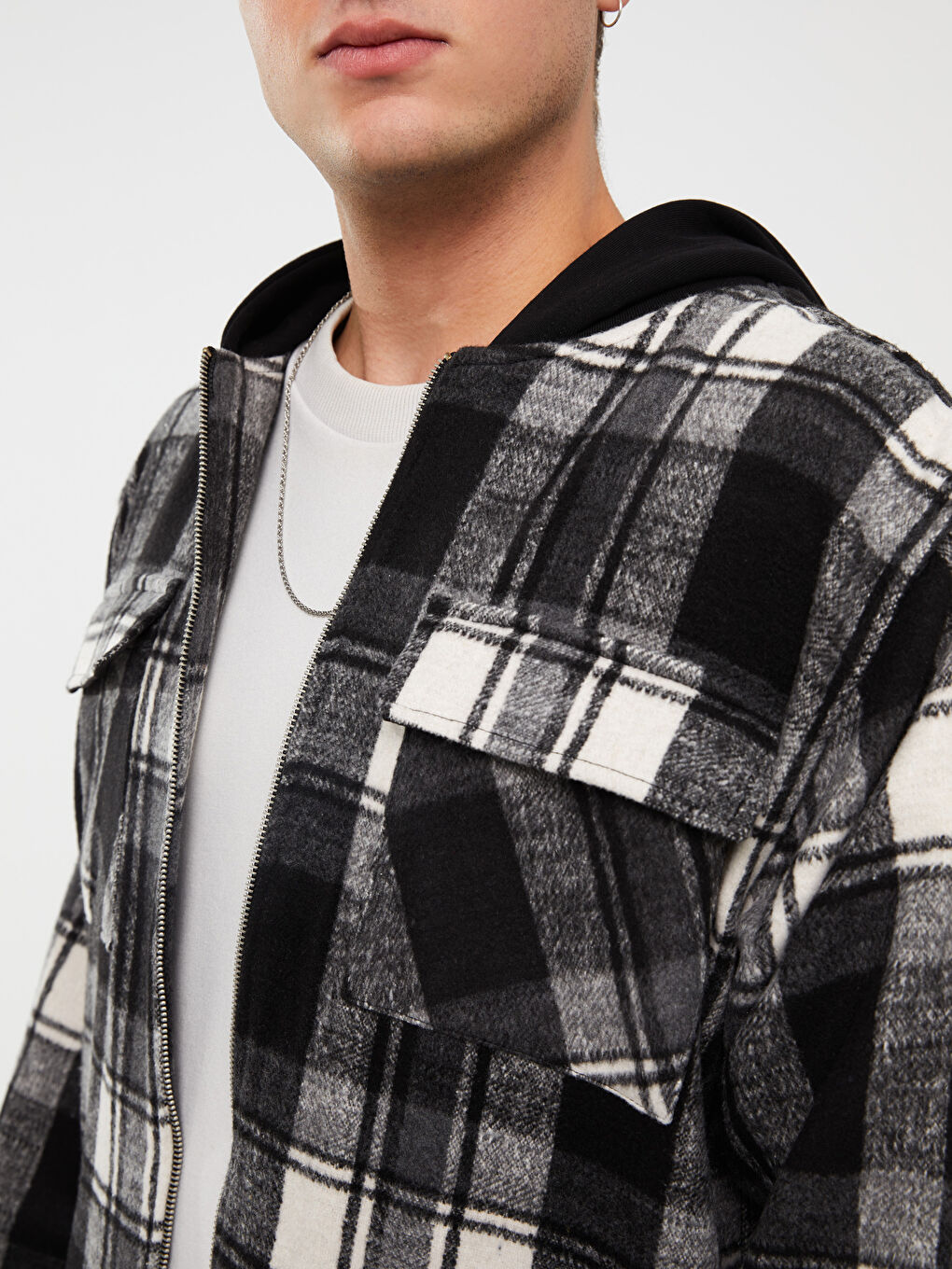 Siyah Rahat Kalıp Uzun Kollu Ekose Erkek Oduncu Gömlek Ceket-3