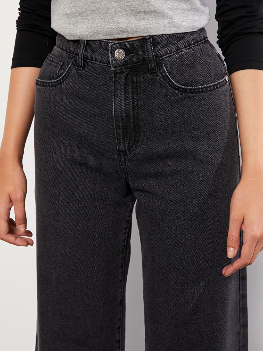 Women's High Waisted Wideleg Regular Denim Trousers-2