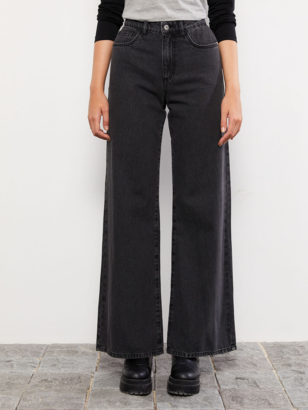 Women's High Waisted Wideleg Regular Denim Trousers-3