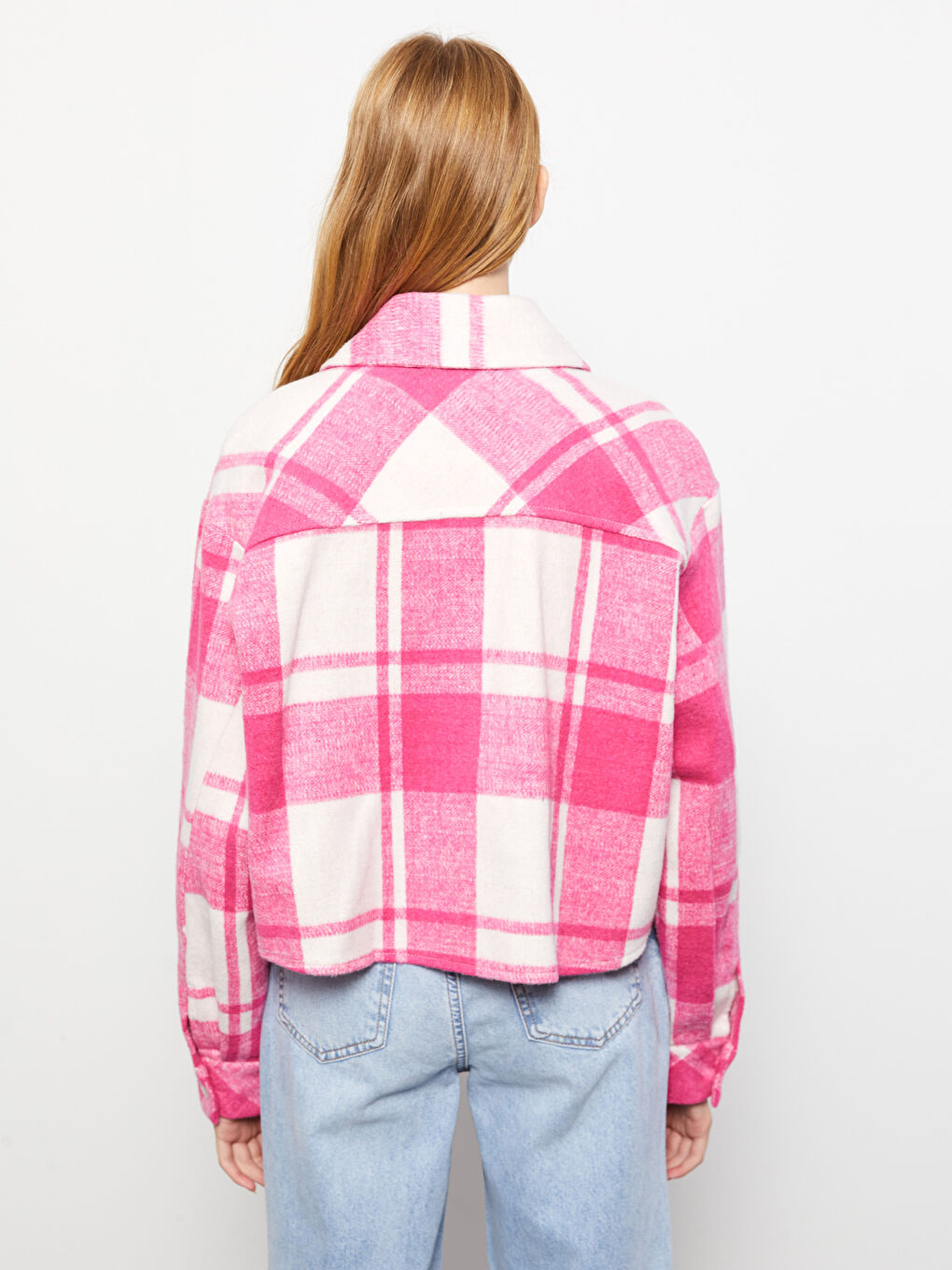 Pembe Ekose Uzun Kollu Flanel Kadın Oduncu Gömlek Ceket-4