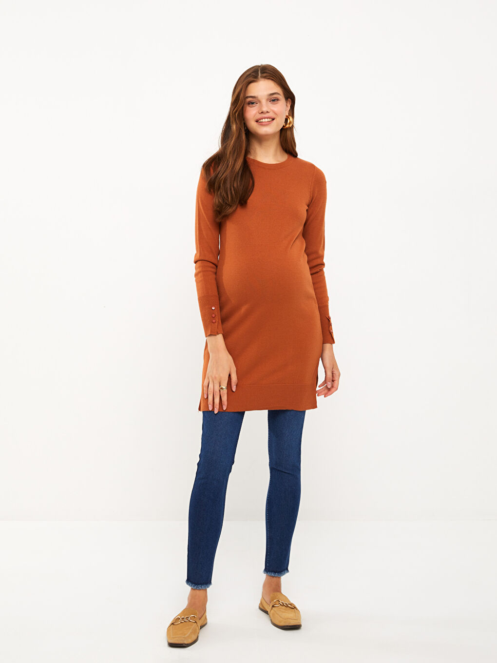 Crew Neck Plain Long Sleeve Maternity Knitwear Tunic-1