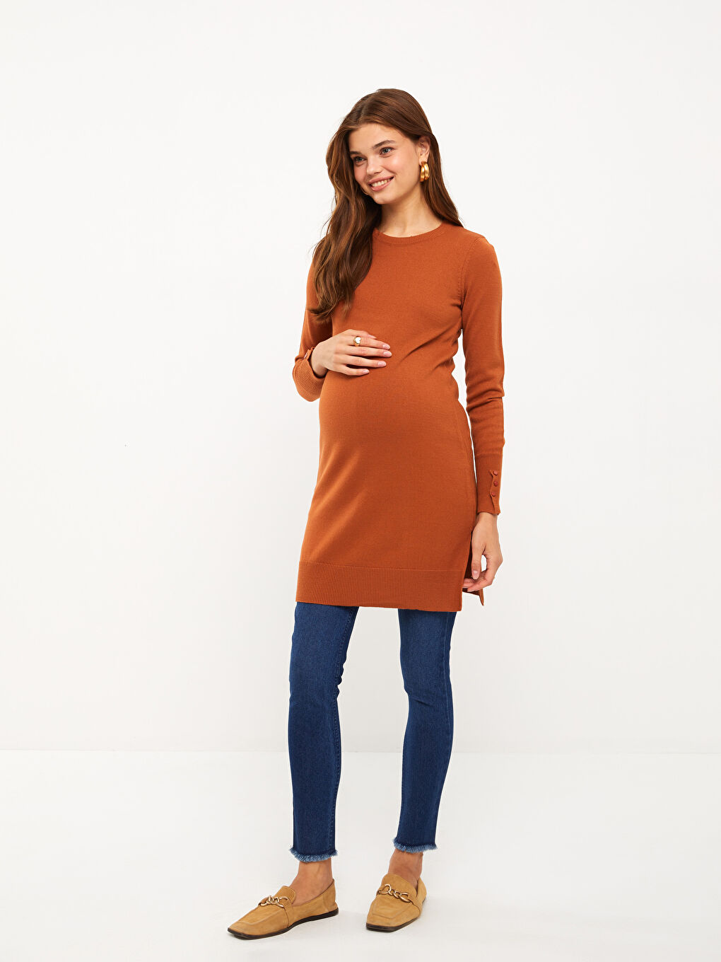 Crew Neck Plain Long Sleeve Maternity Knitwear Tunic-2