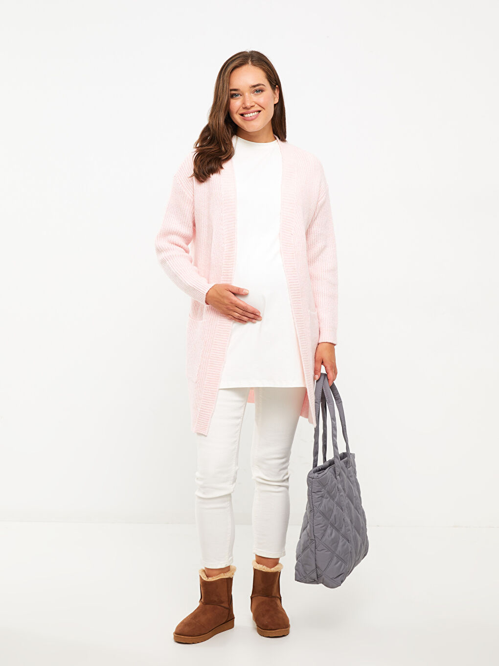 Shawl Collar Plain Long Sleeve Maternity Knitwear Cardigan-1