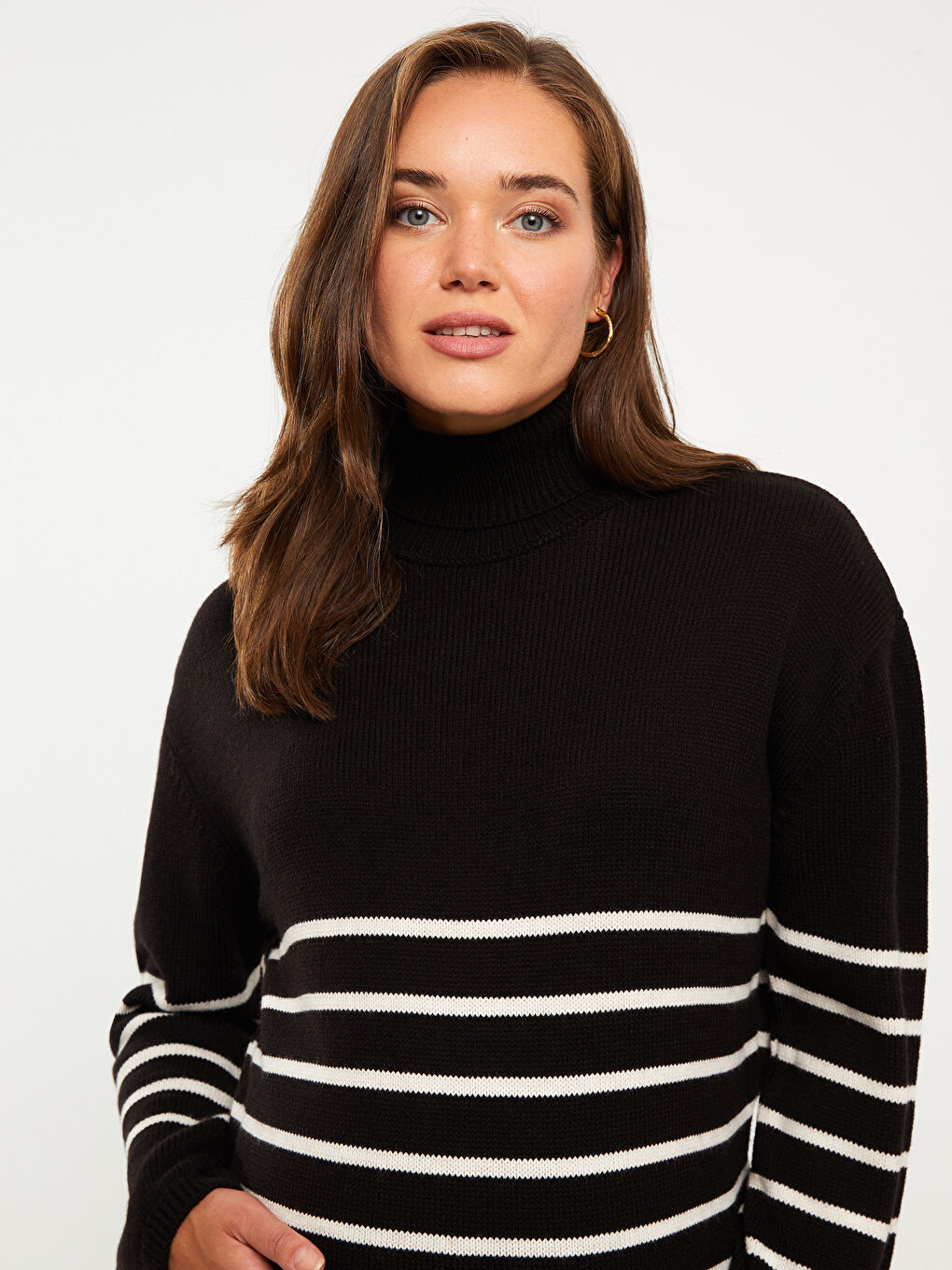 Turtleneck Striped Long Sleeve Maternity Knitwear Sweater -W2AK34Z8-LEG