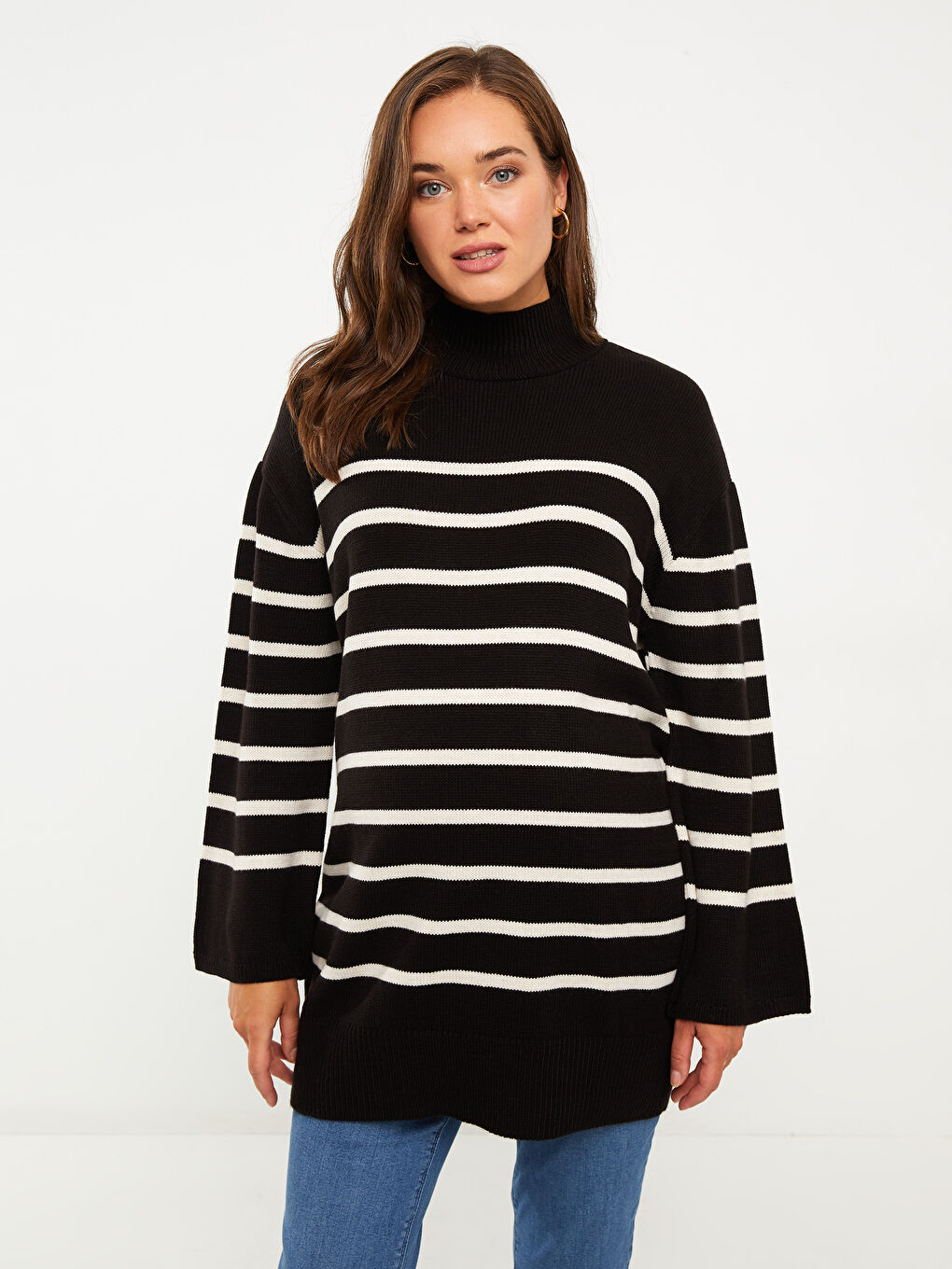 Туника из трикотажа с длинным рукавом и полосатым узором, полуводолазка для женщин-1