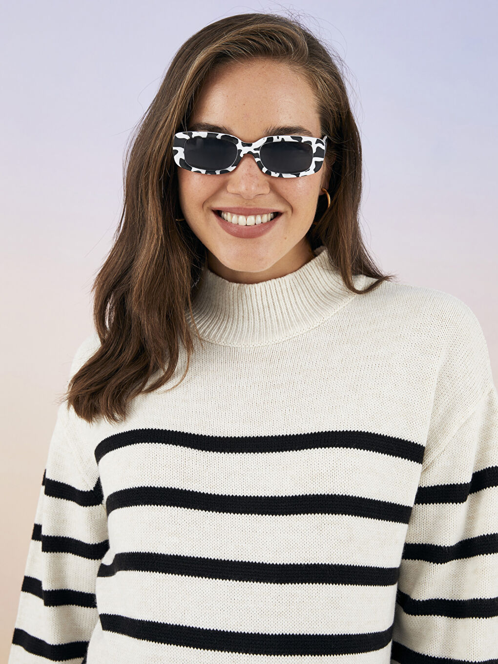 Ekru Yarım Balıkçı Yaka Çizgili Uzun Kollu Kadın Triko Tunik-2