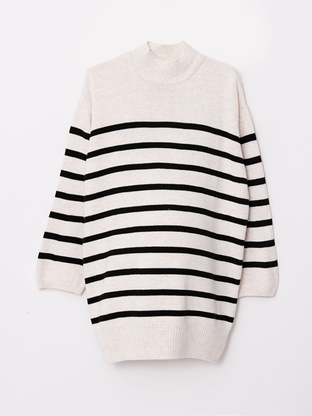 Ekru Yarım Balıkçı Yaka Çizgili Uzun Kollu Kadın Triko Tunik-5