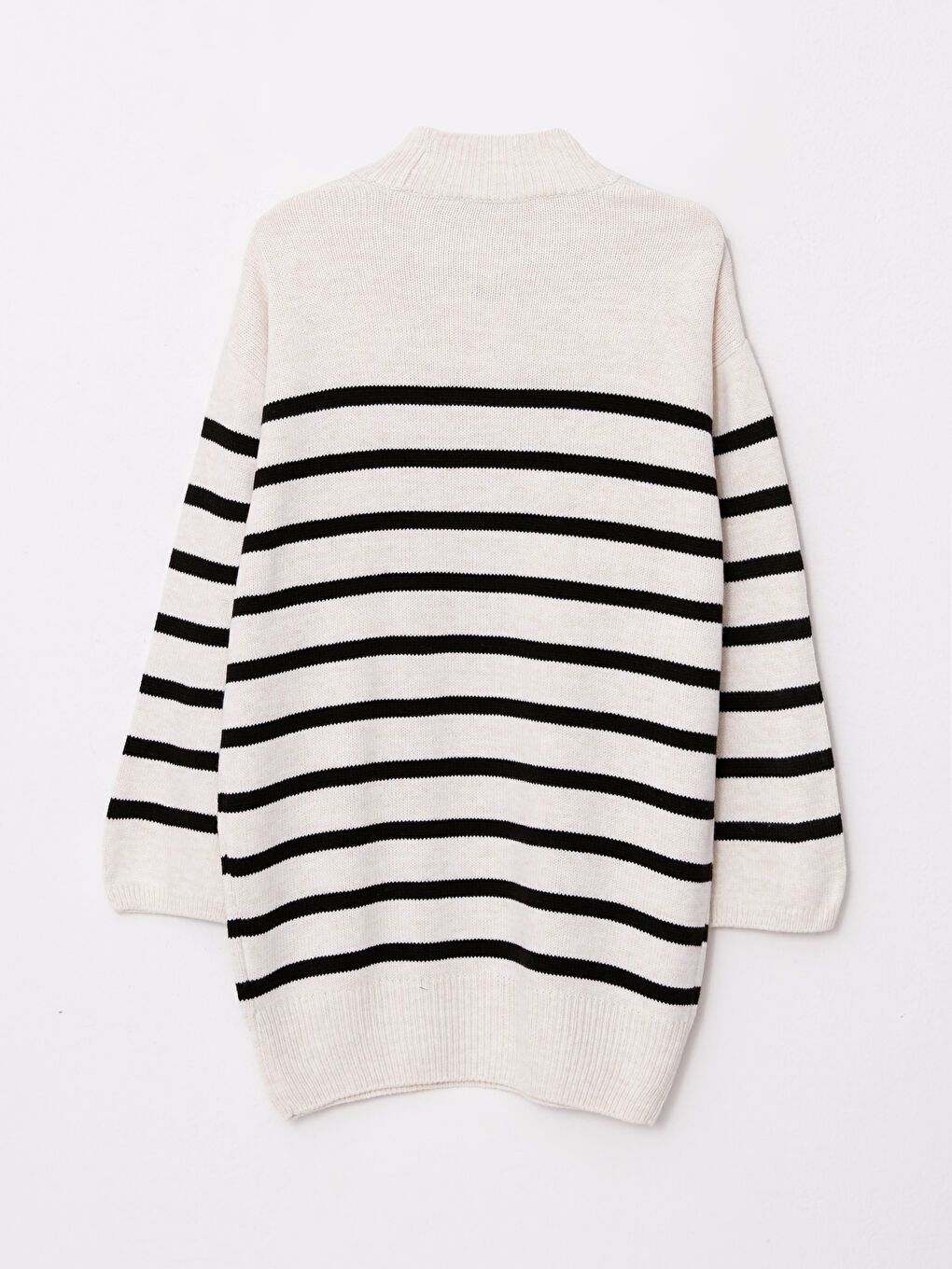 Ekru Yarım Balıkçı Yaka Çizgili Uzun Kollu Kadın Triko Tunik-6