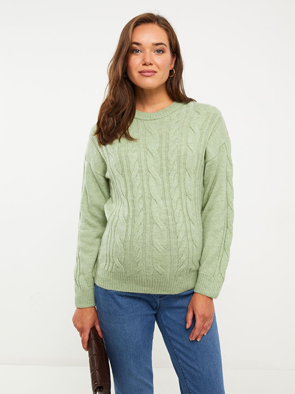 سترة تريكو كم طويل منقوشة بياقة دائرية للحوامل-1