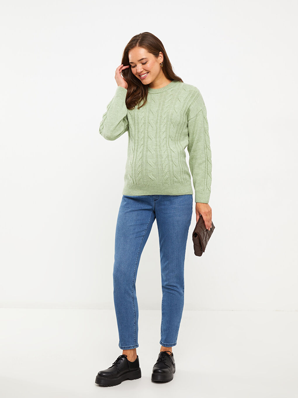 سترة تريكو كم طويل منقوشة بياقة دائرية للحوامل-2