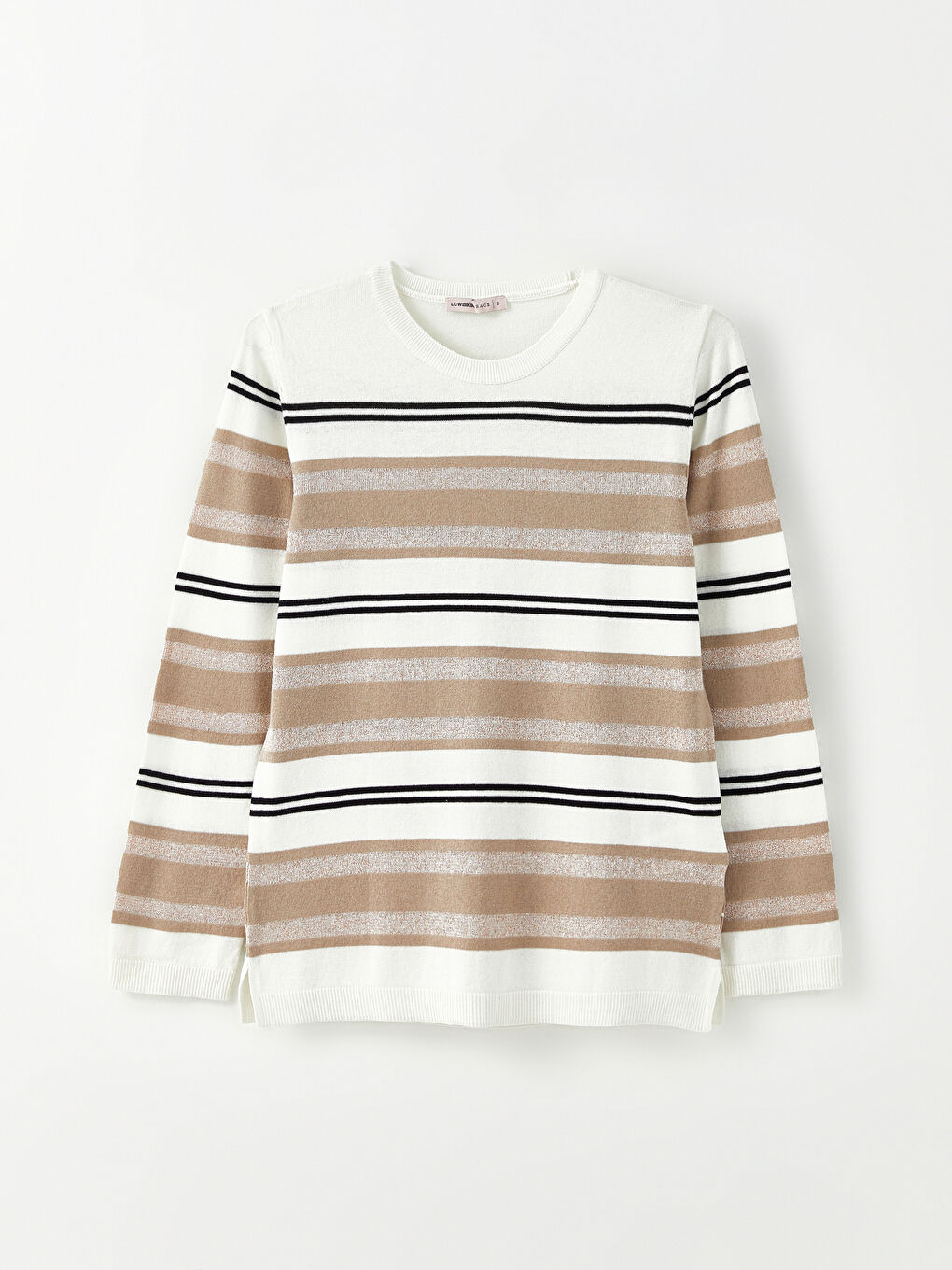 Bej Bisiklet Yaka Çizgili Uzun Kollu Kadın Triko Kazak-5